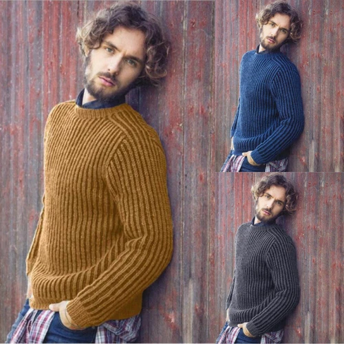 Men's solid color knit thick pullover crew-neck top - Picture 2 of 9