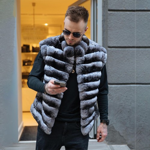 New Men 100% Real Rex Rabbit Fur Vest Coat Chinchilla Warm Gilet Thick Waistcoat - Picture 3 of 8