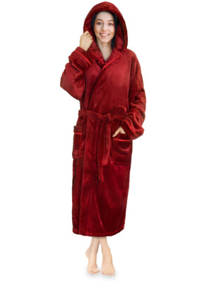 Womens Fleece Hooded Robe Plush Warm Long Luxury Spa Night Bathrobe Sleepwear