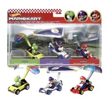 Hot Wheels Super Mario Kart Glider 3 Pack Yoshi Waluigi Mario NEW