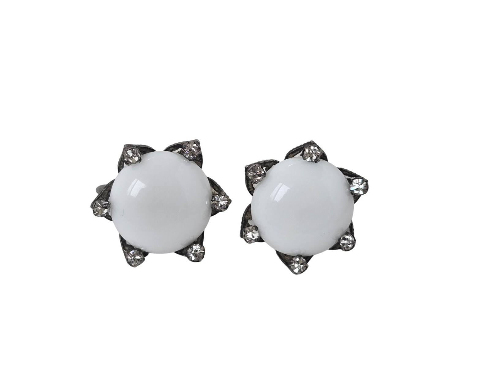 Vintage Silver Tone Filigree & Milk Glass Clip Earrings w/ Rhinestones