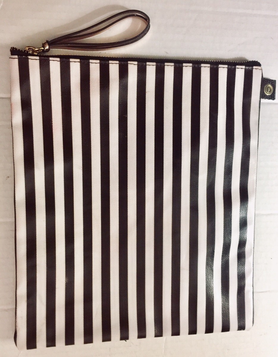 STRIPED HENRI BENDEL NY CLUTCH COSMETIC BAG WHITE&BROWN