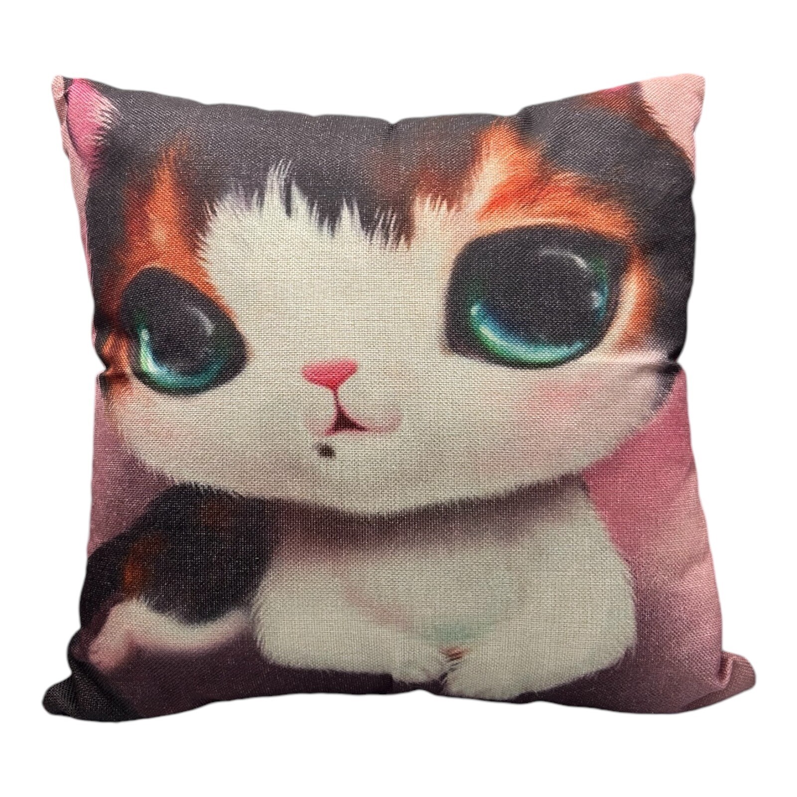 Throw Pillow Cute Kitty Cat Kitten Green / Blue Eyes Home Decor Linen 16