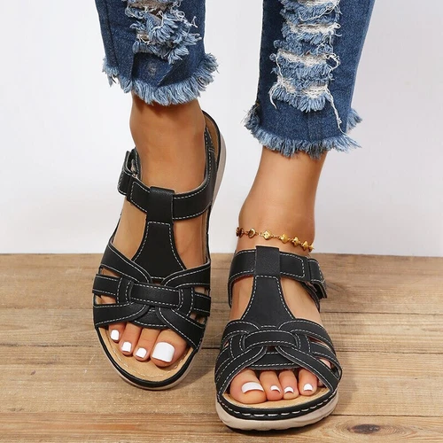 Sandalias de cuña ortopédicas informales de verano para damas Zapatos cómodos con punta abierta plana - Imagen 16 de 22