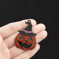Pumpkin Witch Black Enamel Charm With Inset Rhinestones - E253