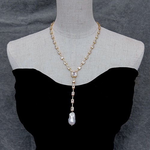 Rectangle Cut Clear Cubic Zirconia Cultured White Keshi Pearl Women Necklace - Picture 2 of 6