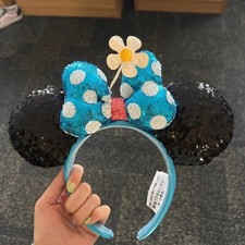 Disney Parks Timeless Flower Polka Dot Minnie Ears Blue  White Ears Headband