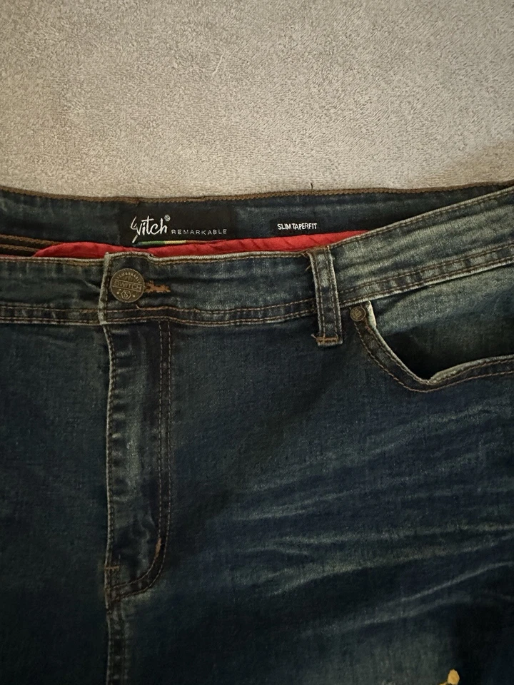 Stitch Remarkable Jeans Blue Size 42x34 Grunge Hood Distressed Paint Colorful - Image 2 of 4