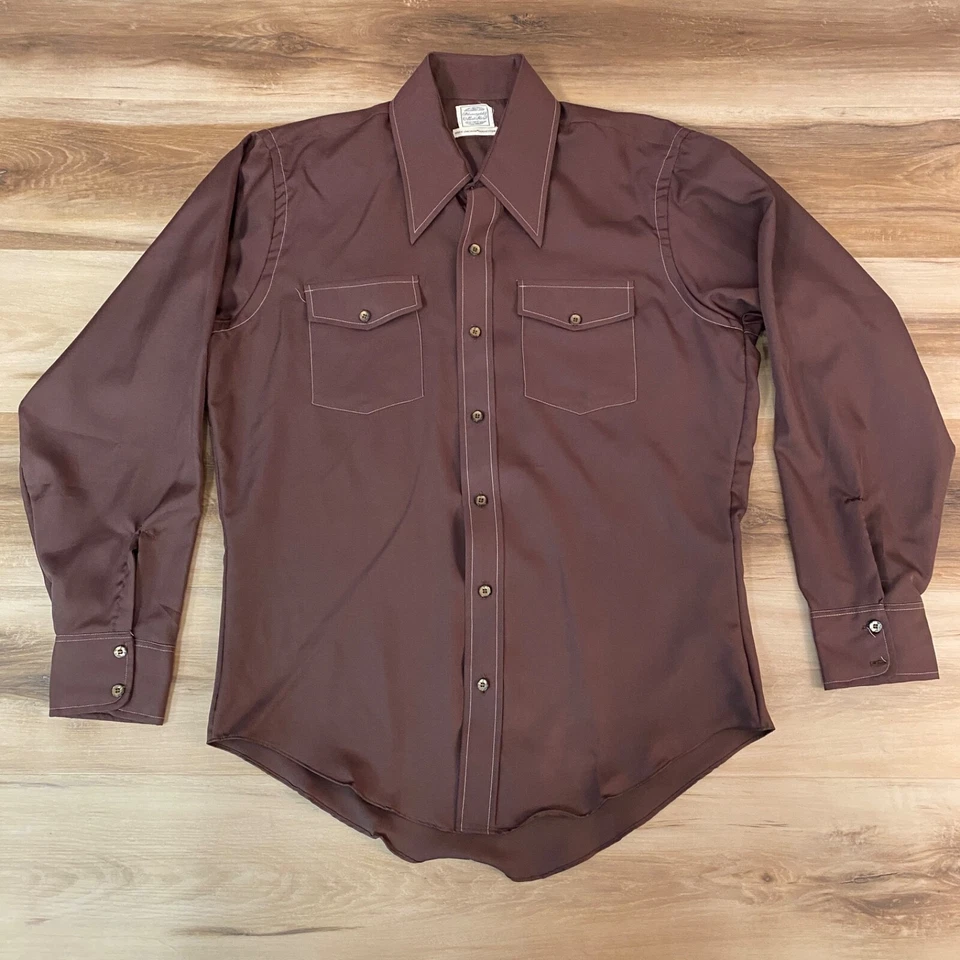 Vintage 70s Polyester Shirt Mens Large Brown Big Dagger Collar USA Bloomingdales - Image 2 of 4
