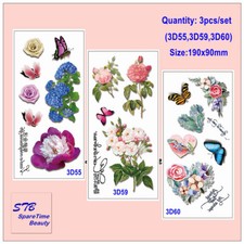 3 Sheets /Set Temporary Tattoo Stickers Butterfly Rose Flowers Leaves