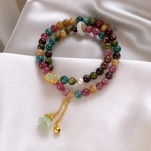 Natural Tourmaline Stone & Jade 14K Gold Filled Charm Bracelet Jewelry For Women - Picture 3 of 13