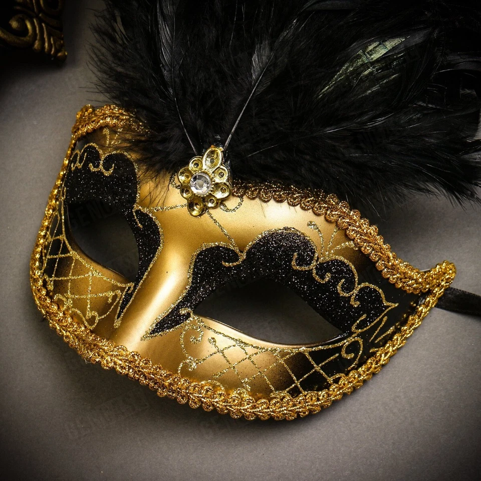 Luxury Black Gold Men & Women Couple Masks Masquerade Costume Party Mask Feather - Image 3 of 3