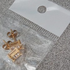 Gold Tone Square CZ Stud Earrings, Channel-Set, Butterfly Back Lobe