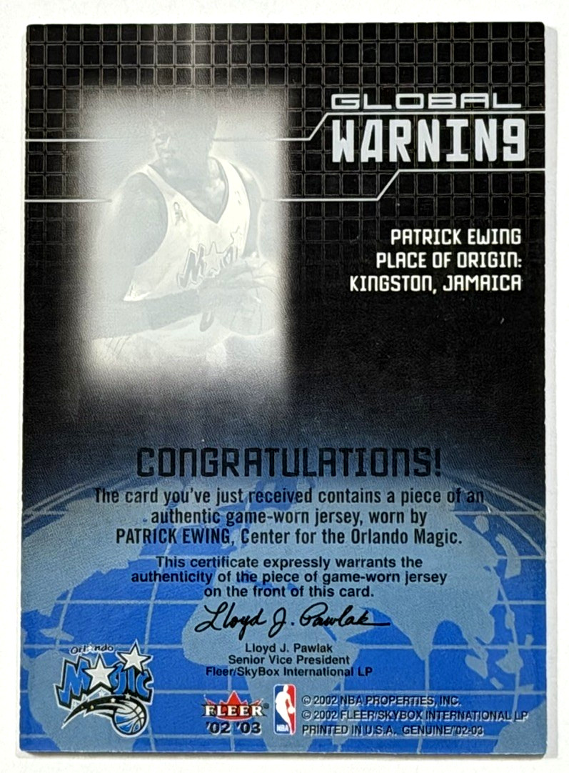 2002-03 FLEER GENUINE PATRICK EWING GLOBAL WARNING GAME USED JERSEY PATCH view 2