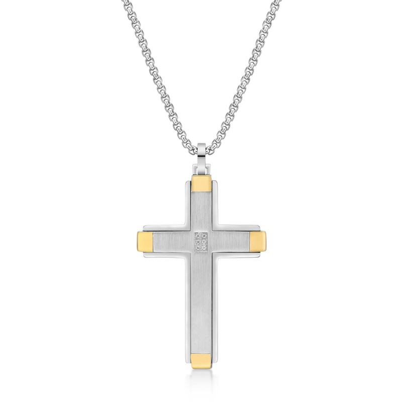 Stainless Steel Cross Pendant with Gold Tone Ion Plating & White Cubic Zirconia