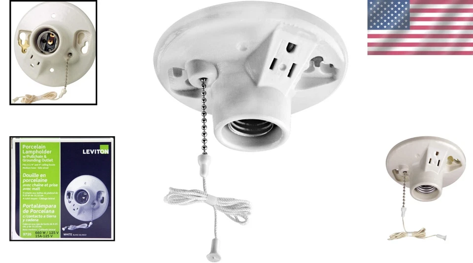 Белый фарфоровый лампочка накаливания с выдвижной цепью - среднее основание - Изображение 2 из 4