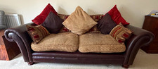 DFS Brown Leather 3 Seater Sofa Rolled Arms Striped Cushions 200x100x75cm