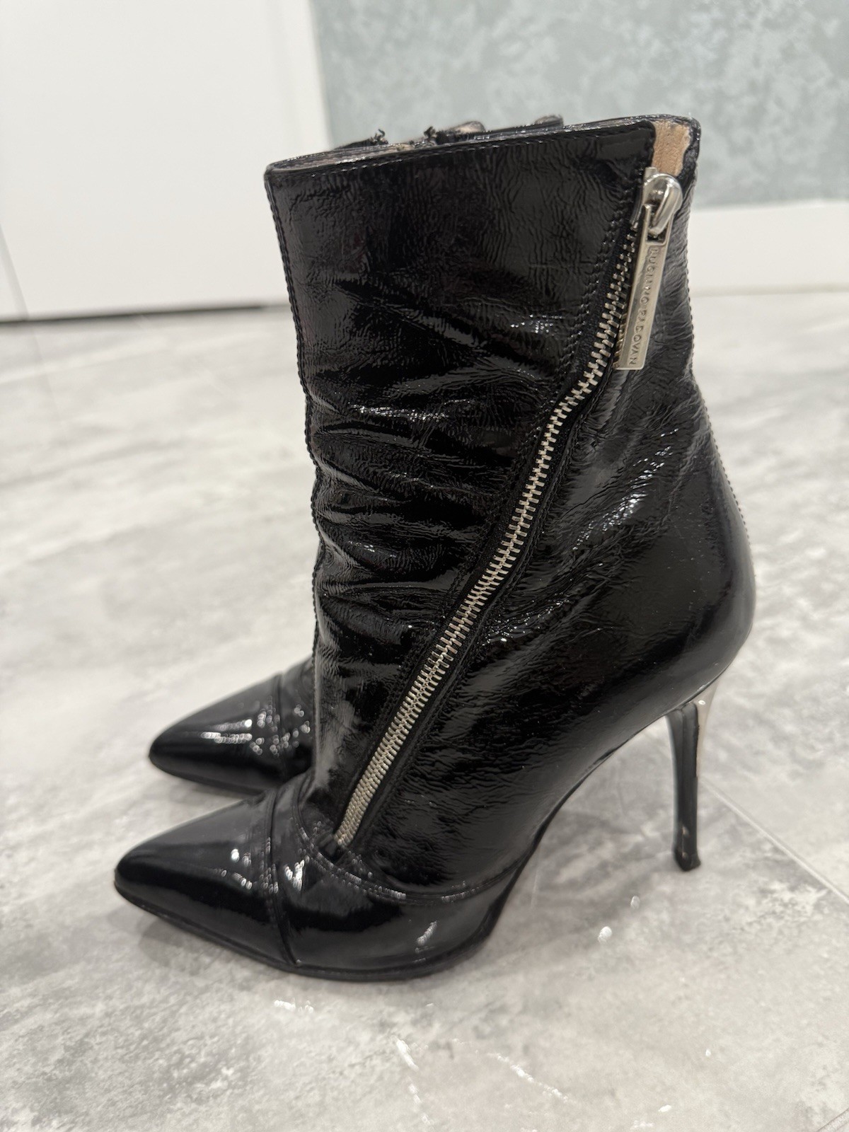 Vintage Luciano Padovan Black Patent Pointed-Toe Stiletto Ankle Boots Size 37