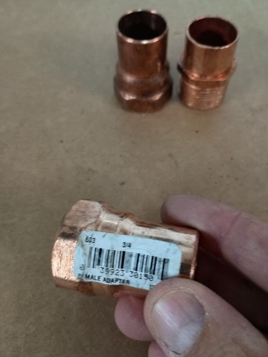 3/4" Copper x Female Adapter Threaded x Sweat Lot of 3, 2 female, 1 male adapter