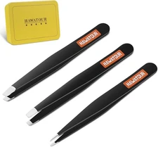 HAWATOUR Tweezers Set 3Pcs, Precision Stainless Steel Eyebrow Black 