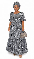 Handmade Ankara African Print Kaftan Maxi Gown  Head Wrap Black White Sz 14 NWT