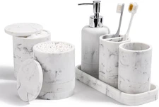 6-piece white marble bathroom accessory set with soap dish, tumbler, and toothbr