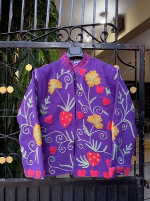 Handmade Embroidered  Velvet Jacket Hearts Floral Boho Folk Art Women's