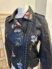 Moto Jacket Budding Romance Vegan Faux Leather Embroidered Studded Size 8-10