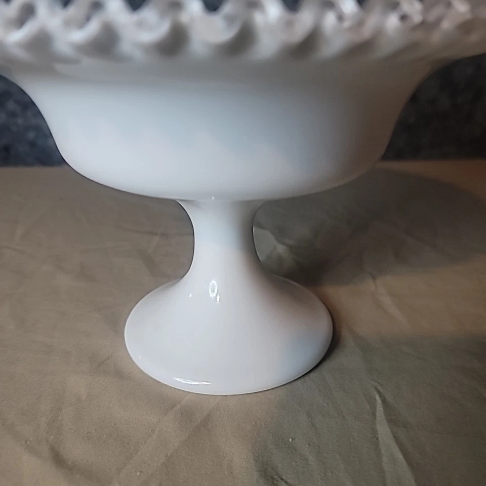Fenton Silver Crest White Milk Glass Ruffled Edge Pedestal Compote Candy Dish - Image 4 of 4