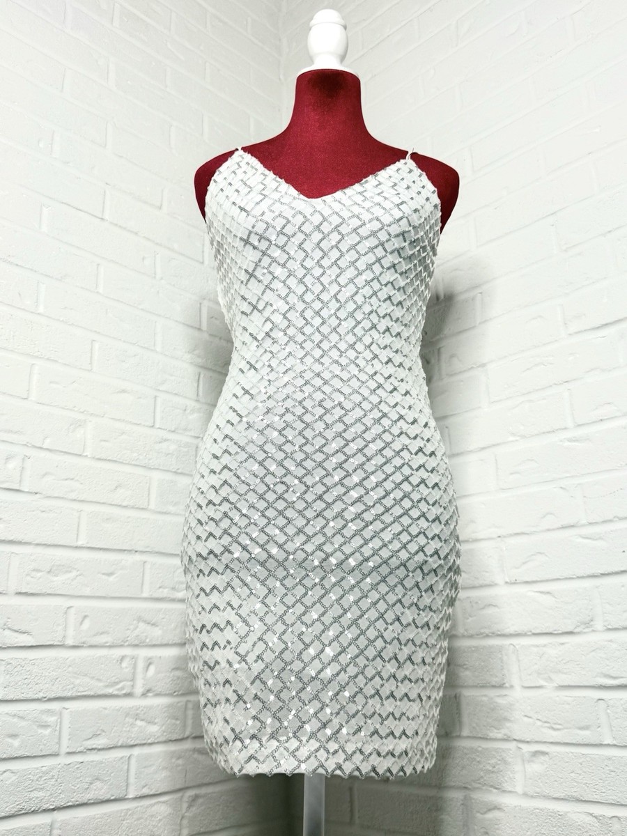 Windsor White Sequin Bodycon Mini Dress XS Cross Back Spaghetti Strap Party  | eBay