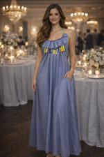 Elegant Blue Ruffled Maxi Dress Women Halter Long Summer Evening Gown