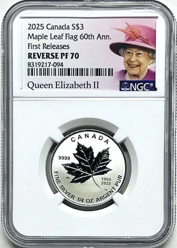 2025 $3 1/4 OZ SILVER CANADA MAPLE LEAF FLAG 60th NGC PF70 QUEEN ELIZABETH - FR
