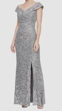 Alex Evenings Women's Silver Floral Sequin Off-the-Shoulder Gown Petite Sz 16P