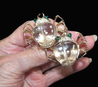 CORO Sterling Twinkling Twins Studded Lucite Jelly Belly Beetle Duette/Clips/Pin