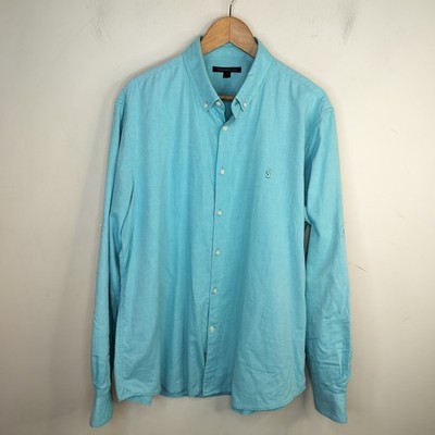 John Varvatos Button Down Shirt Mens XL Peace Sign Roll Tab Sleeve Aqua Cotton