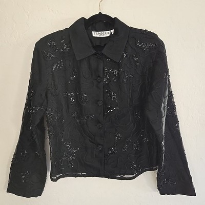 Tunique Nights Silk Jacket Embellished Black Button Down - Size M Embroidered