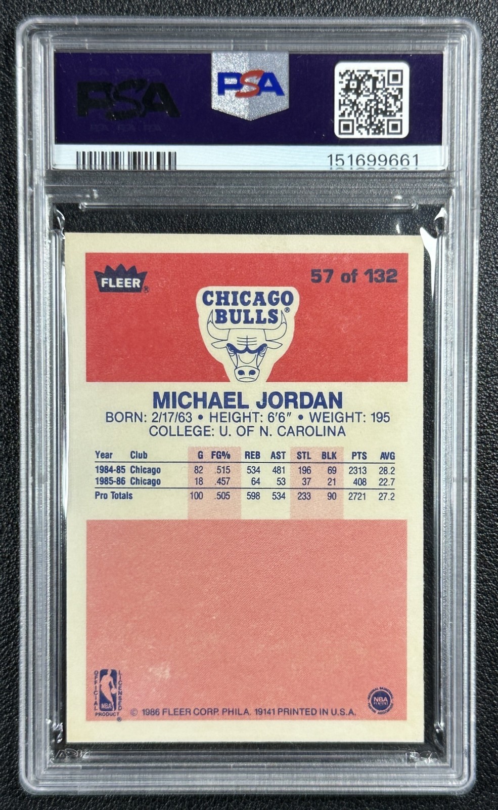 MICHAEL JORDAN PSA 4 1986-87 FLEER #57 ROOKIE CARD RC BULLS VG-EX 9661 view 2