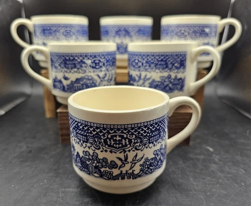 Vintage Set of 6  BLUE WILLOW Coffee Cups Marked USA