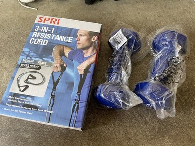 New SPRI 3-IN-1 Resistance Cord & 5 Pound Dumbbell Set Blue Gym Work Out