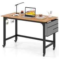 Rolling Computer Desk Metal Frame PC Laptop Table Wood Top Study Workstation