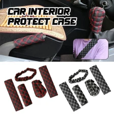 5Pc PU Leather Car Mirror Cover Car Seat Belt Covers Handbrake Cover Handle Case