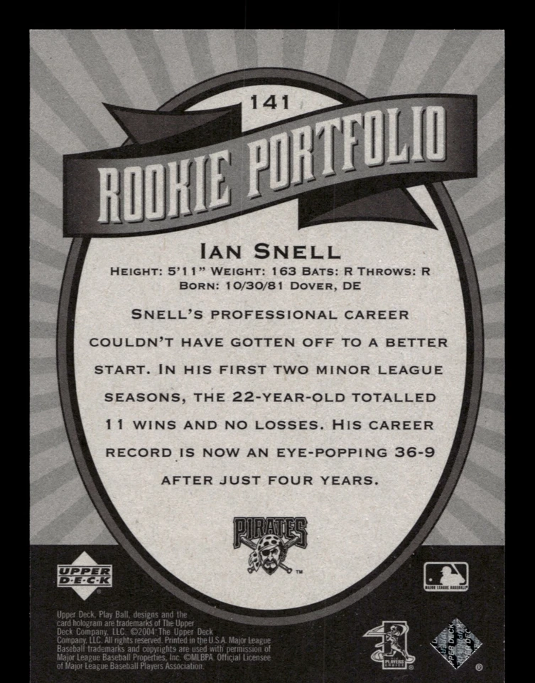 2004 Upper Deck Play Ball Rookie Portfolio Ian Snell #141 Pirates /2004 - Image 2 of 2