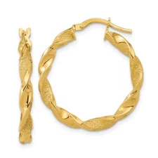 14k Yellow Gold Polished and Textured Twisted Hoop Earrings 1.68g for Mom