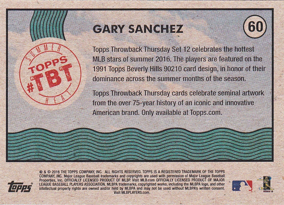 2016 Topps Gary Sanchez Yankees RC Throwback Thursday 60 Beverly Hill 90210 - Image 2 of 2