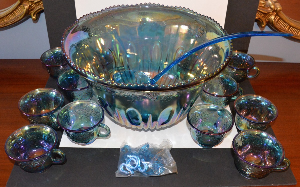 INDIANA GLASS　カーニバルガラス Vintage Indiana Glass Blue Carnival Glass #7446 Punch Bowl Set
