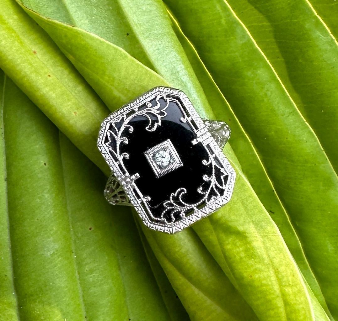 Art Déco Diamant Onyx Noir Bague Edouardien Filigrane 14 Carat Blanc Fleur  Or