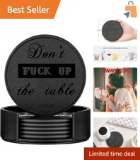 Stylish Black Round Coasters - 6 Pcs Set with Holder, Protects Surfaces