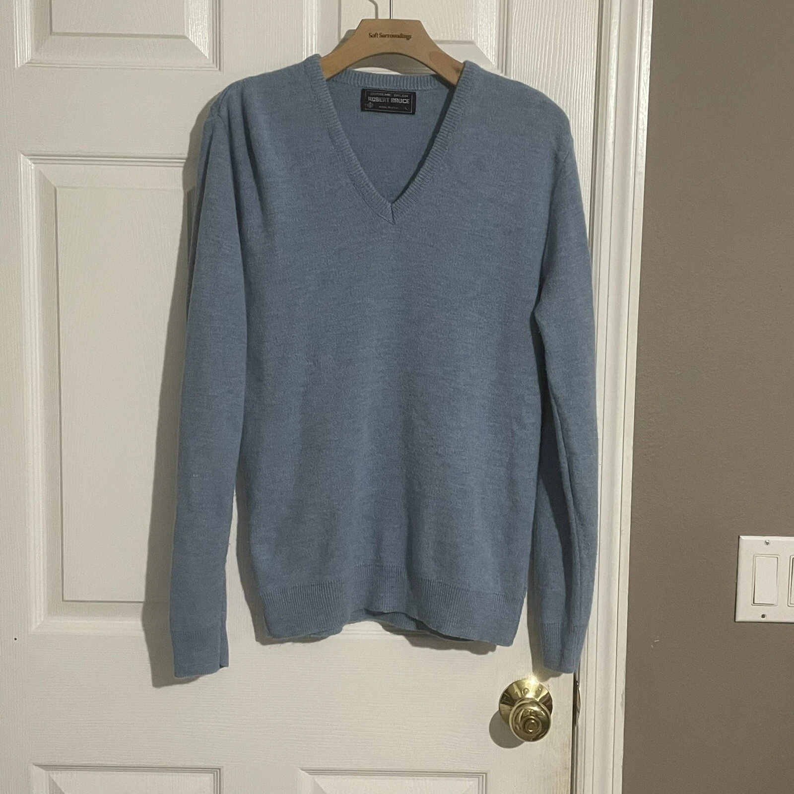 Pull vintage Robert Bruce homme grand Supreme Orlon manches longues col V bleu preppy