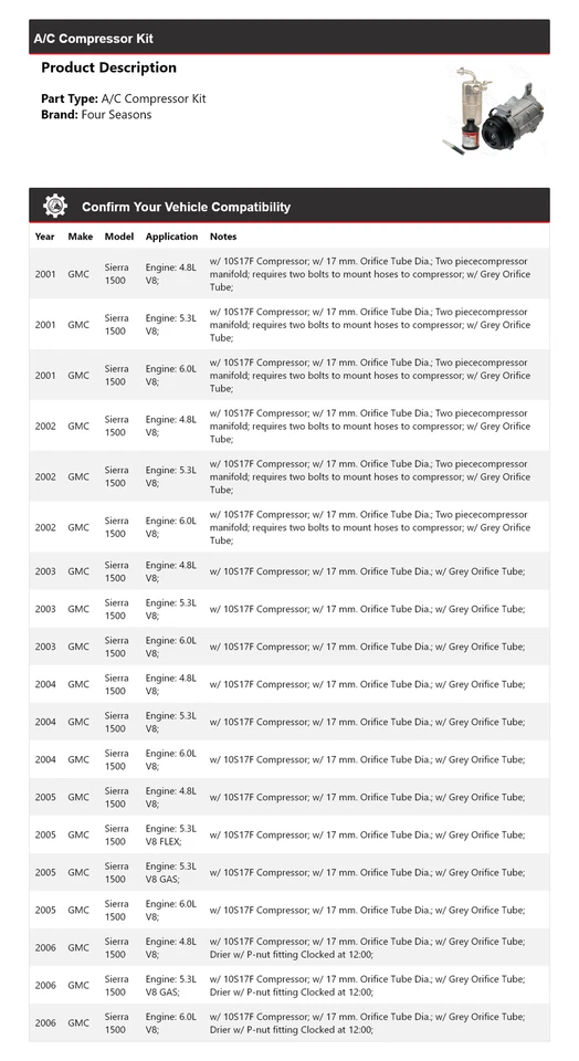 Kit compresor aire acondicionado GMC Sierra 1500 2001-2006 4 estaciones 2002 2003 2004 2005 Foto 2 de 4