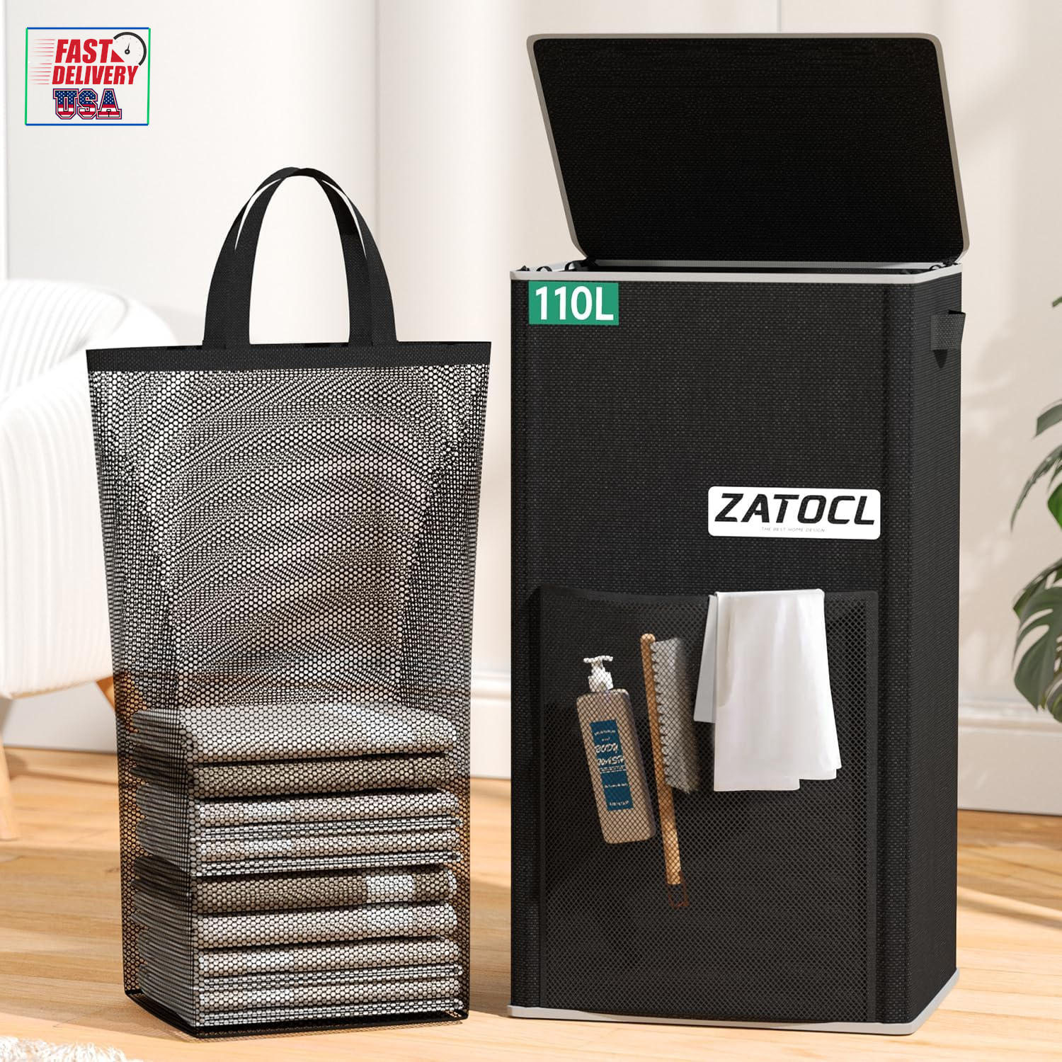 Laundry Hamper with Lid 110L, Laundry Basket Clothes Hamper with Washing Bag & F